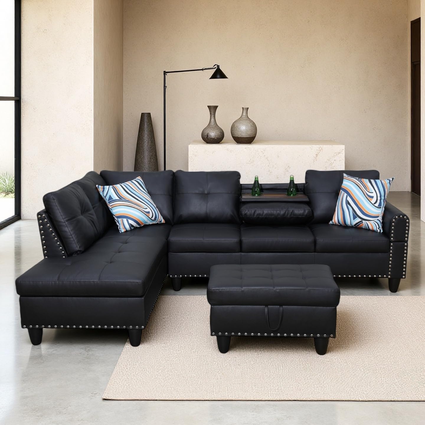 Photo 1 of ****PARTIAL SET****GlasFlength Sectional Couches for Living Room, Convertible 4 Seat Modular Sectional Sofa Set for Living Room, L Shaped Couch or U Shaped Couch with Storage Ottoman for Apartment, Leather Black