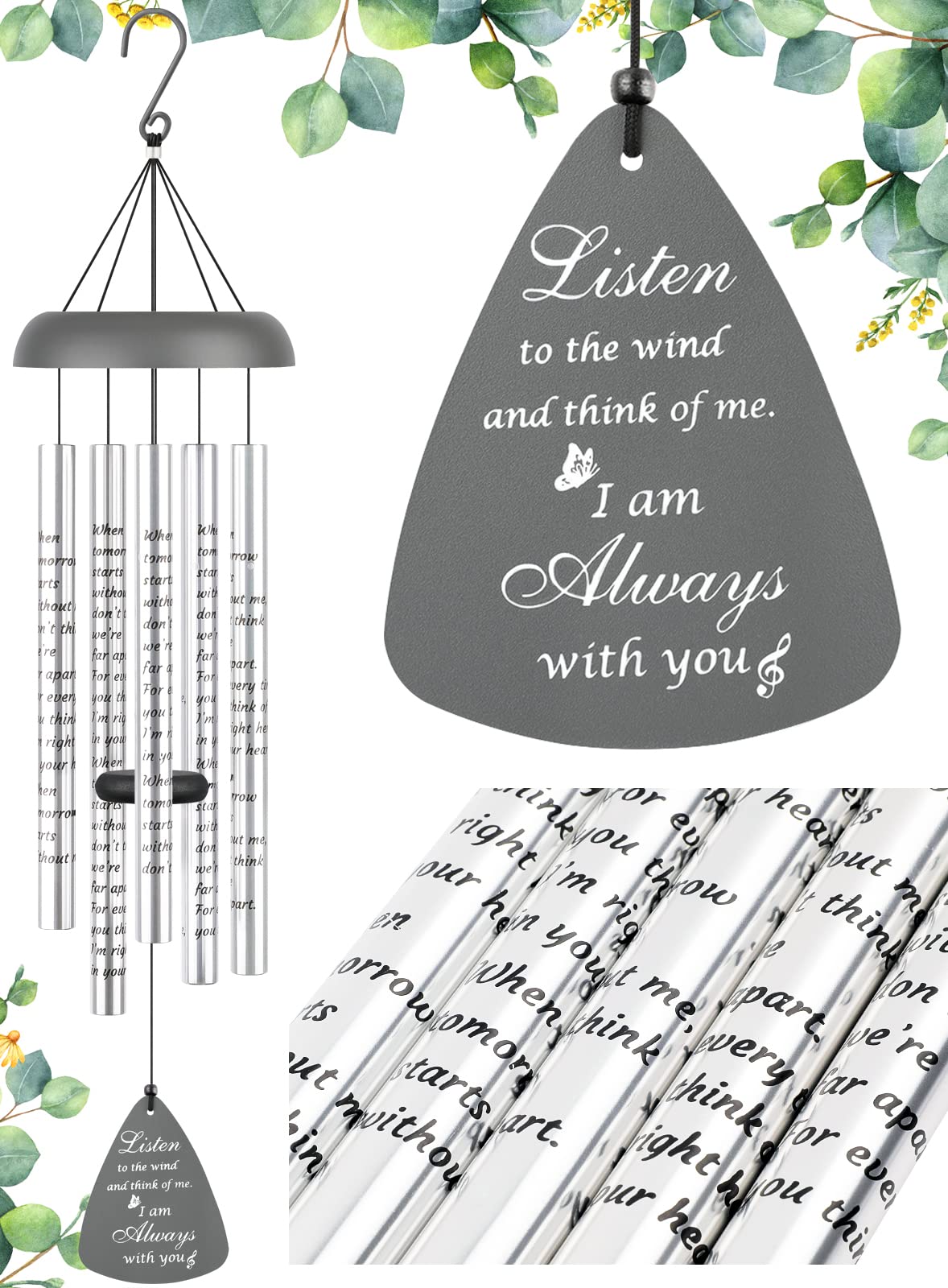 Memorial Gifts Wind Chimes for Outside - Sympathy Wind Chimes for Loss of Loved One Prime, Bereavement Gifts in Memory of Loved One, Sympathy Gift for Loss of Mother Father Condolence Remembrance,Gray Image