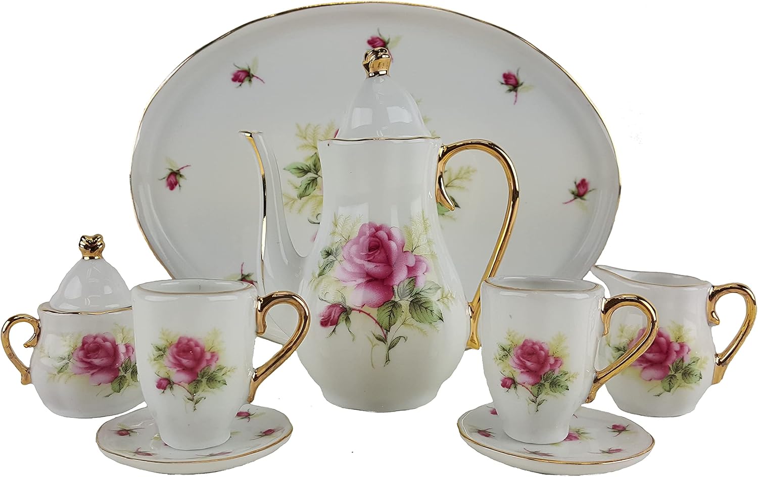 Miniature Porcelain 10 Piece Tea Set with Rose Pattern New