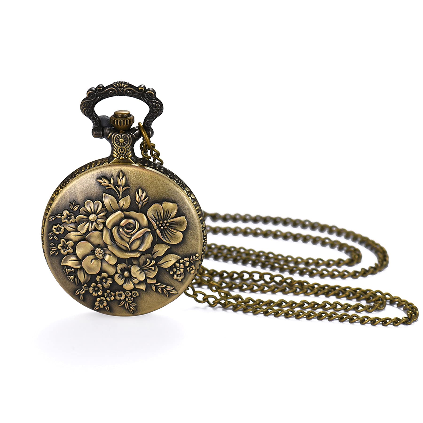 JewelryWe Flower Series Pocket Watch Classic Steampunk Fob Half Hunter Quartz Watches Retro Bronze Pendant Watch Necklace for Women