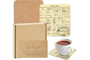 TANFEINE Vintage Library Due Date Card Coaster Set, 4pcs Library Card Coasters with Gift Card, Creative Drink Coffee Mug Coaster Literary Decor Library Gifts for Book Lovers Librarians Writers