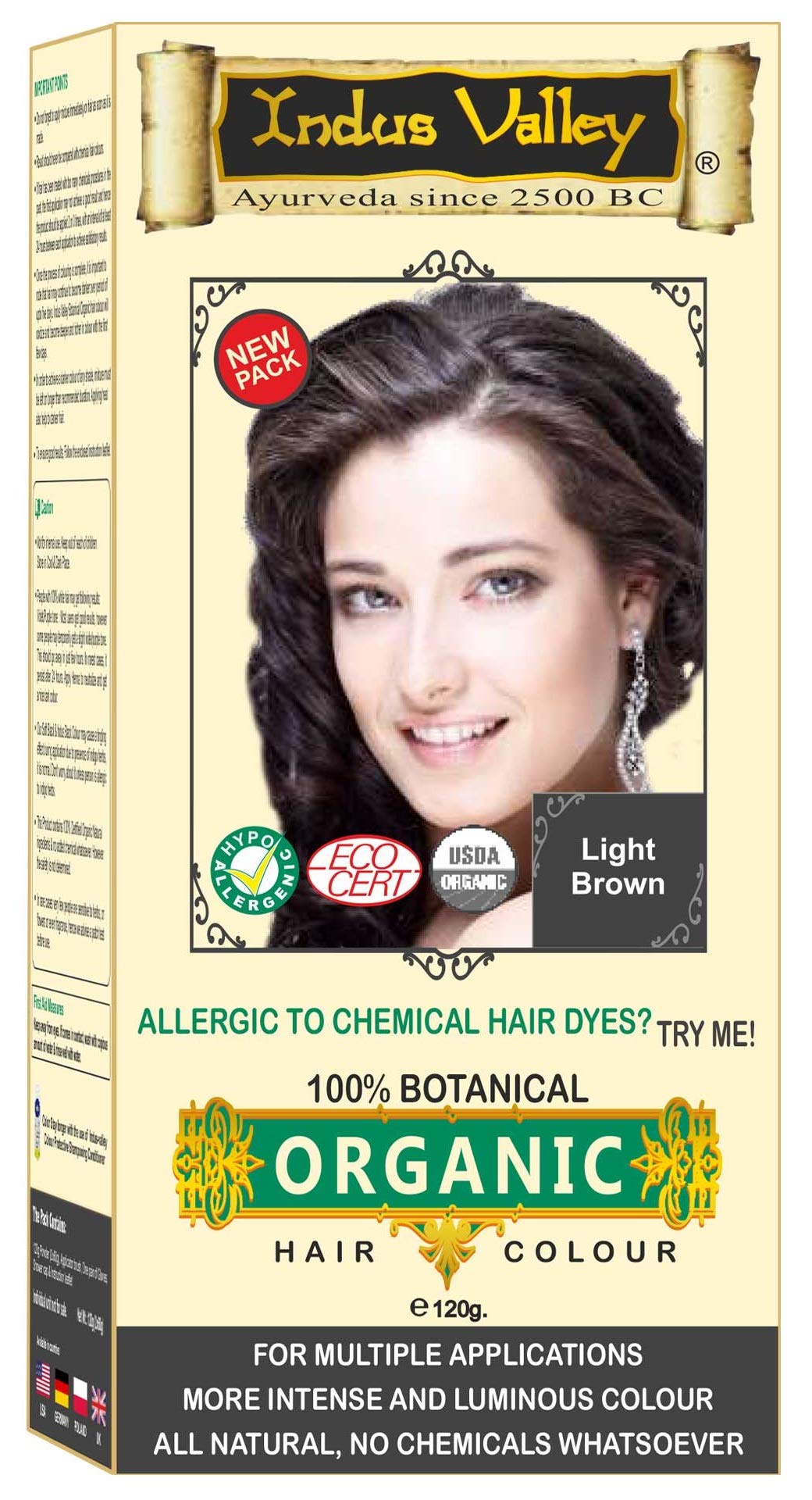 100% Organic, 100% Chemical Free, 100% Botanical Herbal Hair Dye Colour Light Brown for Initial/First Few Greys (Does Not Lighten Hair from a Dark to Lighter Colour) Pure Natural Herbal For Men & Women No PPD, No Ammonia, No Peroxide and No Heavy Metals Whatsoever by Indus Valley