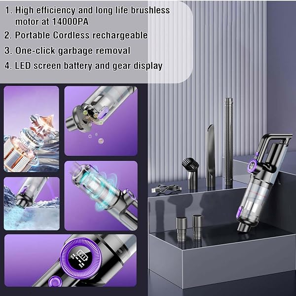 FEDEMER HAND HELD VACUUM CLEANER, 14000PA POWERFUL SUCTION HAND VACUUM CORDLESS CORDLESS RECHARGEABLE VACUUM, FOR CAR HOME OFFICE CLEANING WITH LED LIGHT