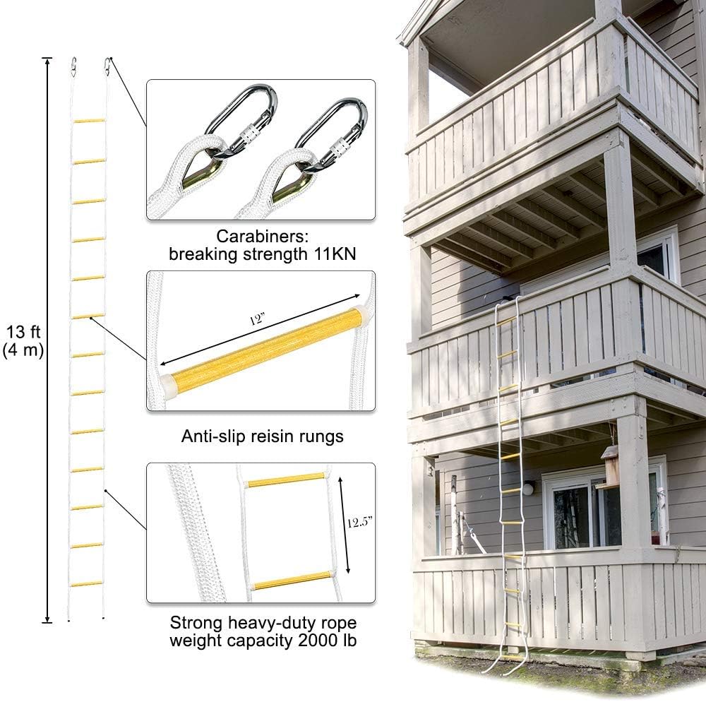 Two-Story Fire Escape Ladder 13 ft Flame Resistant Emergency Rope Ladder with Spring Hooks - Reusable - Weight Capacity up to 2000 Pounds (13ft) - - 