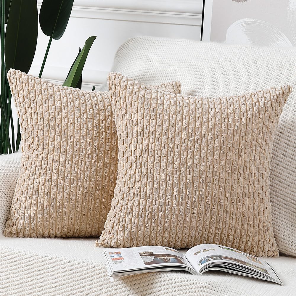 Photo 1 of MADIZZ Pack of 2 Boho Corduroy Striped Throw Pillow Covers 24x24 Inch Beige Soft Decorative Cushion Cover for Bedroom Sofa Pillow Shell