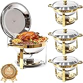 4-Pack Chafing Dish for Buffet Set, 6QT Round 304 Stainless Steel Complete Buffet Warmer – Includes Lids, Water Pans, Folding Stands & Clips for Catering, Events, Parties (Golden 4)