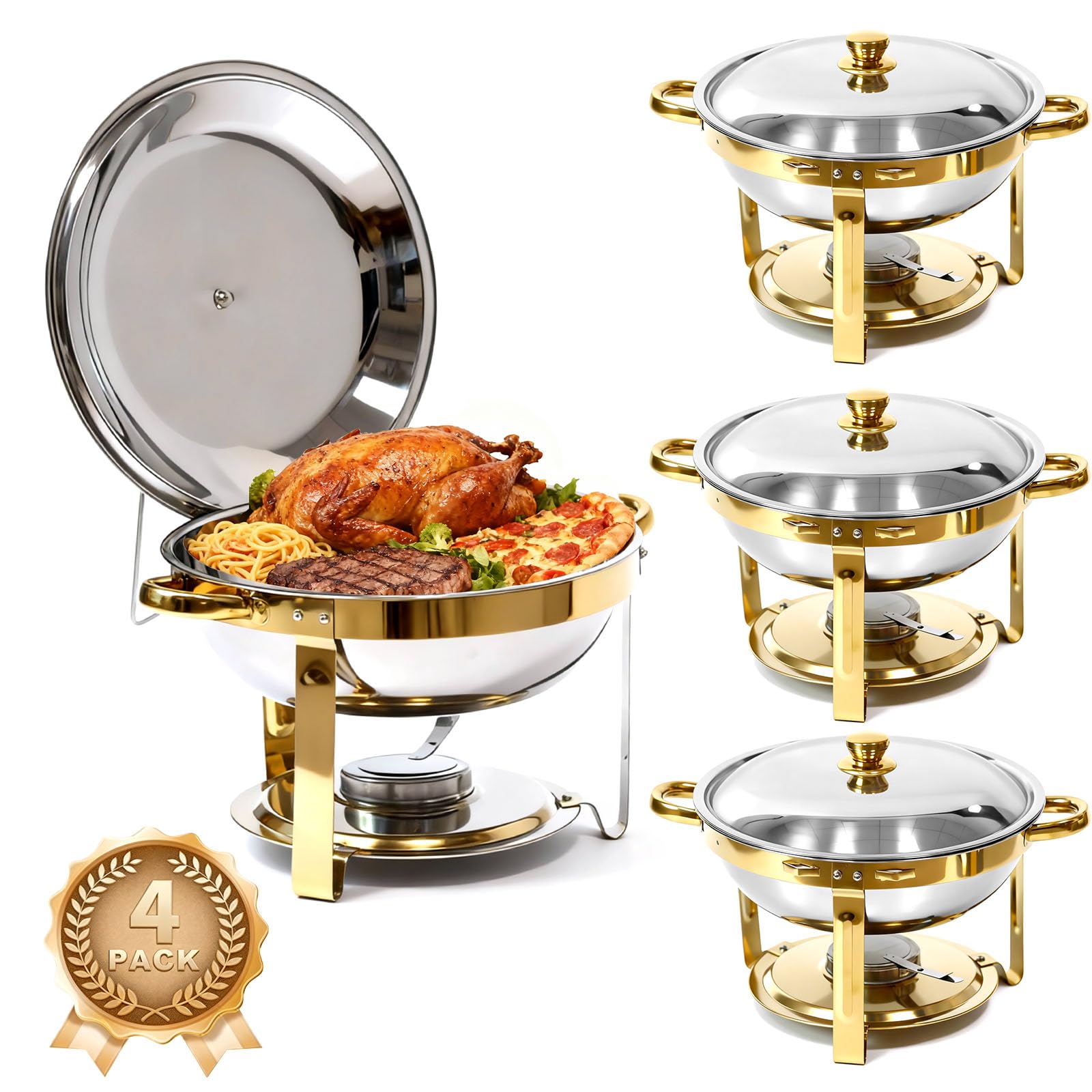 Photo 1 of 4-Pack Gold Round Chafing Dish Set, 6QT 304 Stainless Steel Complete Buffet Warmer – Includes Lids, Water Pans, Folding Stands & Clips for Catering, Events, Parties