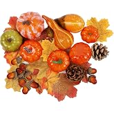 winemana Fall Decorations for Home Mini Pumpkins Gourds &amp; Leaves Set | Thanksgiving Autumn Harvest Table Centerpieces, Cornucopia Basket Bowl Filler, Largest Pumpkin: 4.5" x 2.1"