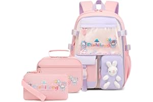 GeeWin School Backpack for Teen Girls, Kawaii Bunny Backpack with Matching Lunch Bag & Pencil Pouch for Kids Elementary Primary Middle School Student, Cute Rabbit Waterproof Bookbag Set(Pink)