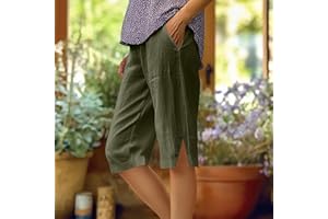 Womens Linen Shorts Knee Length Summer Casual Elastic Waisted Side Split Button Bermuda Shorts with Pockets