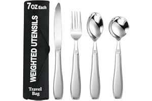 MICNCE Weighted Utensils for Hand Tremors and Parkinson's Patients - 4 Piece Set of Heavy Stainless Steel Silverware for Elderly, Arthritis, Weak Hand Grip - Includes Knife,Fork,Spoons with Travel Bag,7 Oz