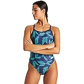 ARENA Women's Swimsuit Puzzled Team Print MaxLife Sports Suit Challenge Back One Piece Bathing Suit Competition Training Racing Swimwear, Navy/Soft Green Multi, US Size 22