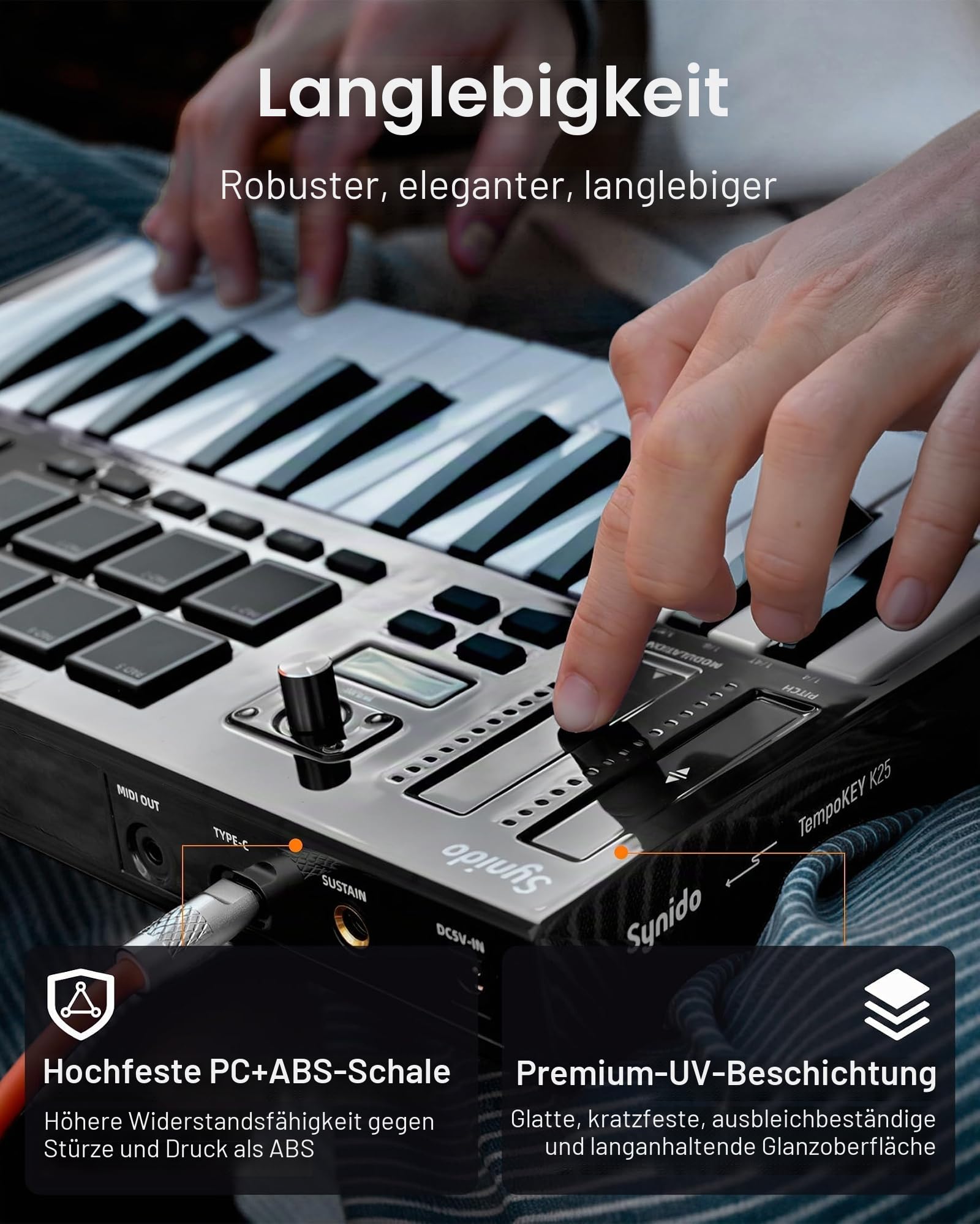 Synido TempoKEY K25 USB C MIDI Keyboard Controller Mit 25 Breiten Tasten, Tiefem Tastenhub Und Anschlagdynamischen Tasten, 8 RGB-Drum-Pads, OLED-Display, Transportsteuerung, Touch Streifen, Arpeggiato 4