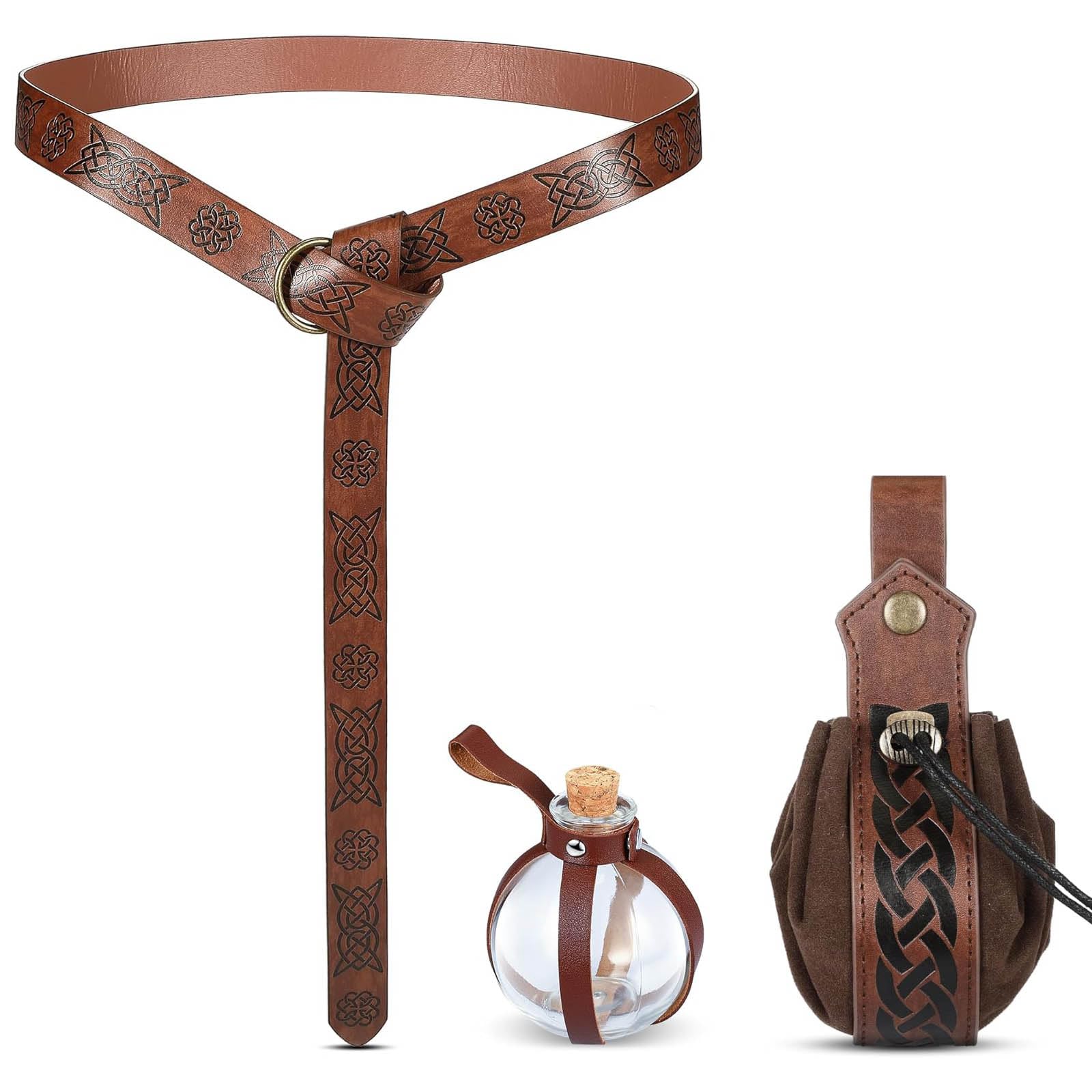 EULAPGOE Medieval Viking Belt Set, 1 Pcs Viking Belt, 1 Pcs Magic Bottle and 1 Pcs Renaissance Bag Medieval Belt Pouch Retro Accessories for Parties