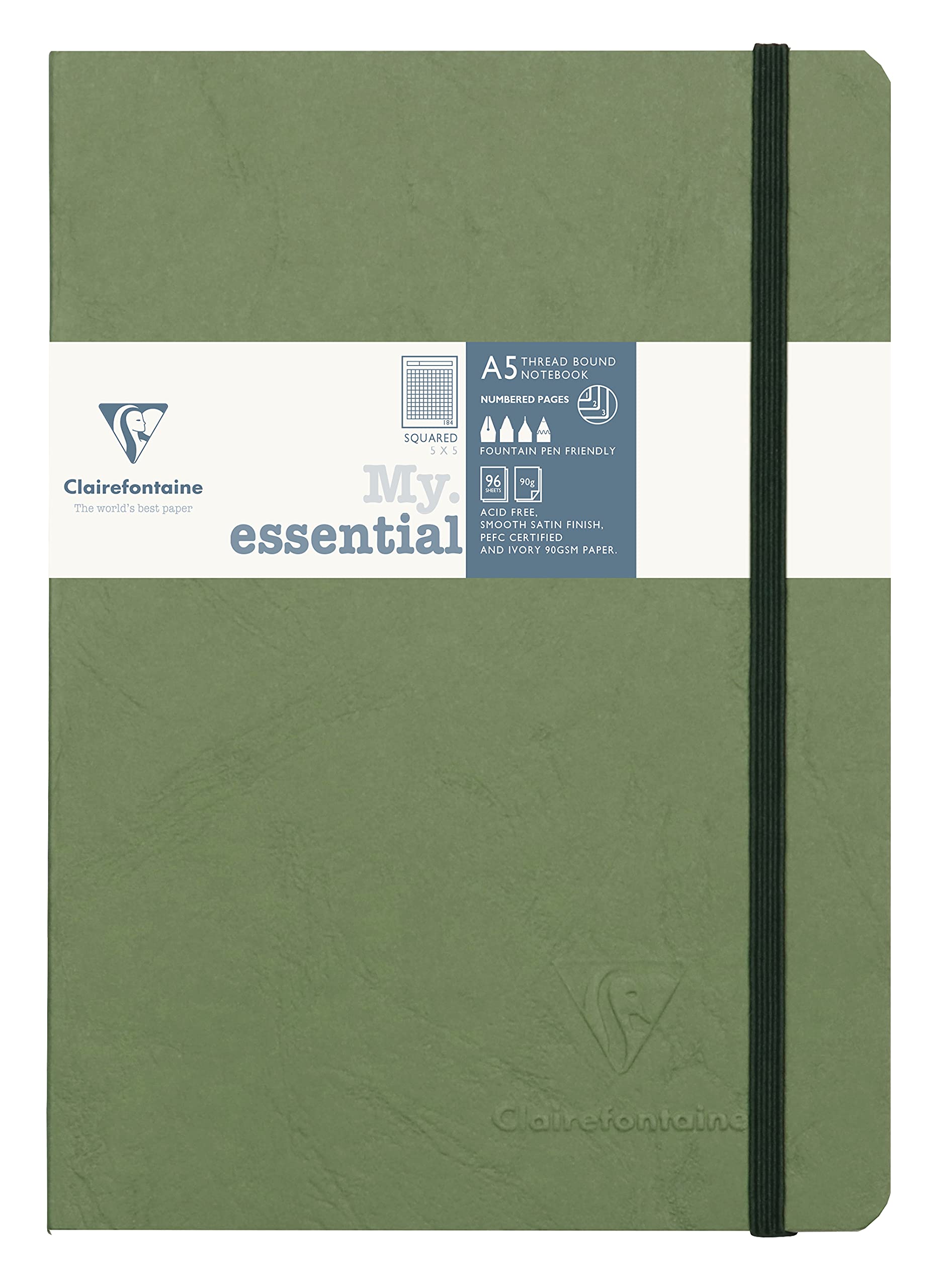 Clairefontaine 793423C Collection Age Bag - Stitched MyEssential Elastic Notebook Green A5 14,8x21cm - 192 Pages Squares - Ivory Paper 90g - Card Cover Leather