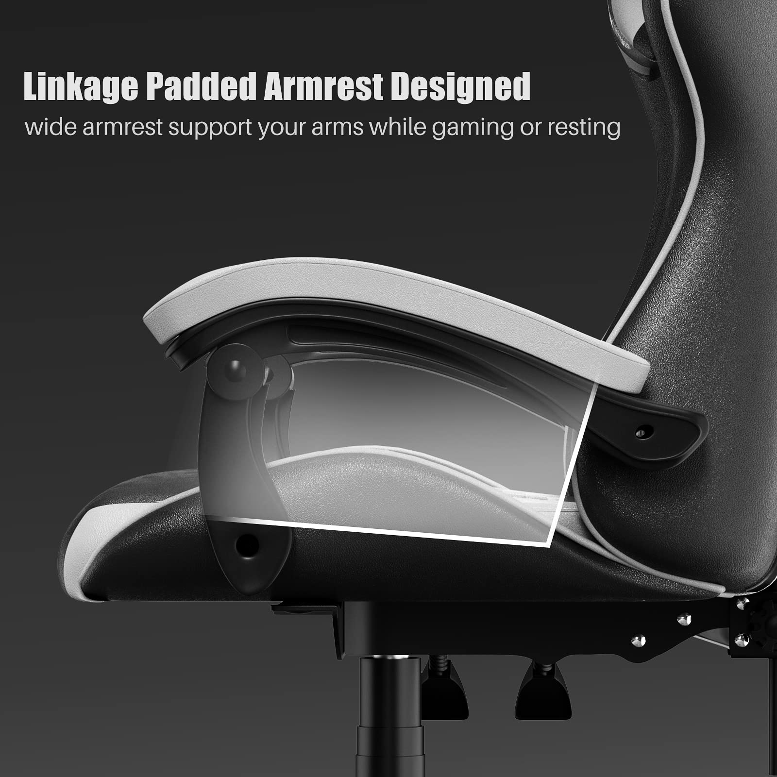 bigzzia Gaming Stuhl Ergonomisch Gaming Chair mit Lendenkissen und Kopfstütze, Gamer Stuhl Höhenverstellbar, Pc Stuhl für Erwachsene Mädchen Junge, Schwarz-weiß 5