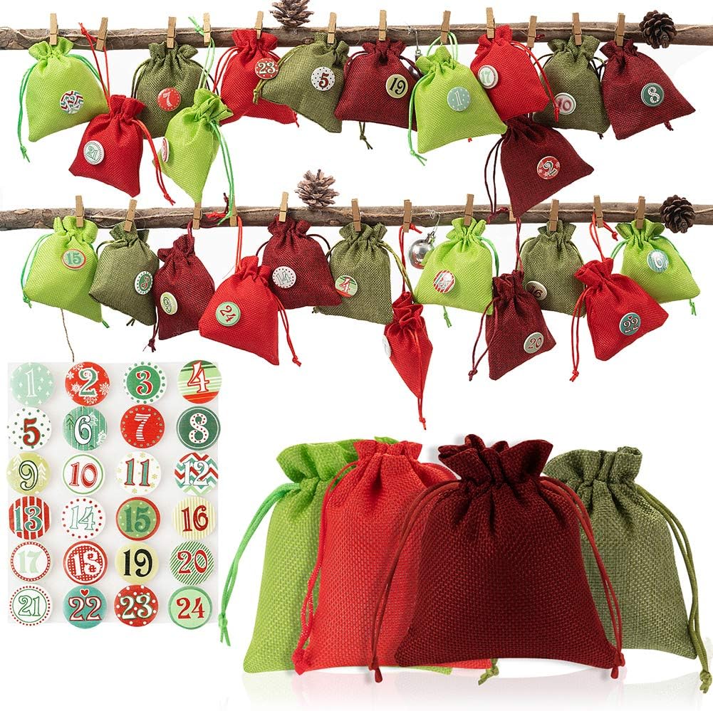 QILICHZ Advent Calendar Gift Bags Countdown Advent Calendar Garland Sacks Christmas Countdown 2020 Gift Bags Small Jewelry Bags Pouches Sacks Christmas Party Favor Bags with 24 Number