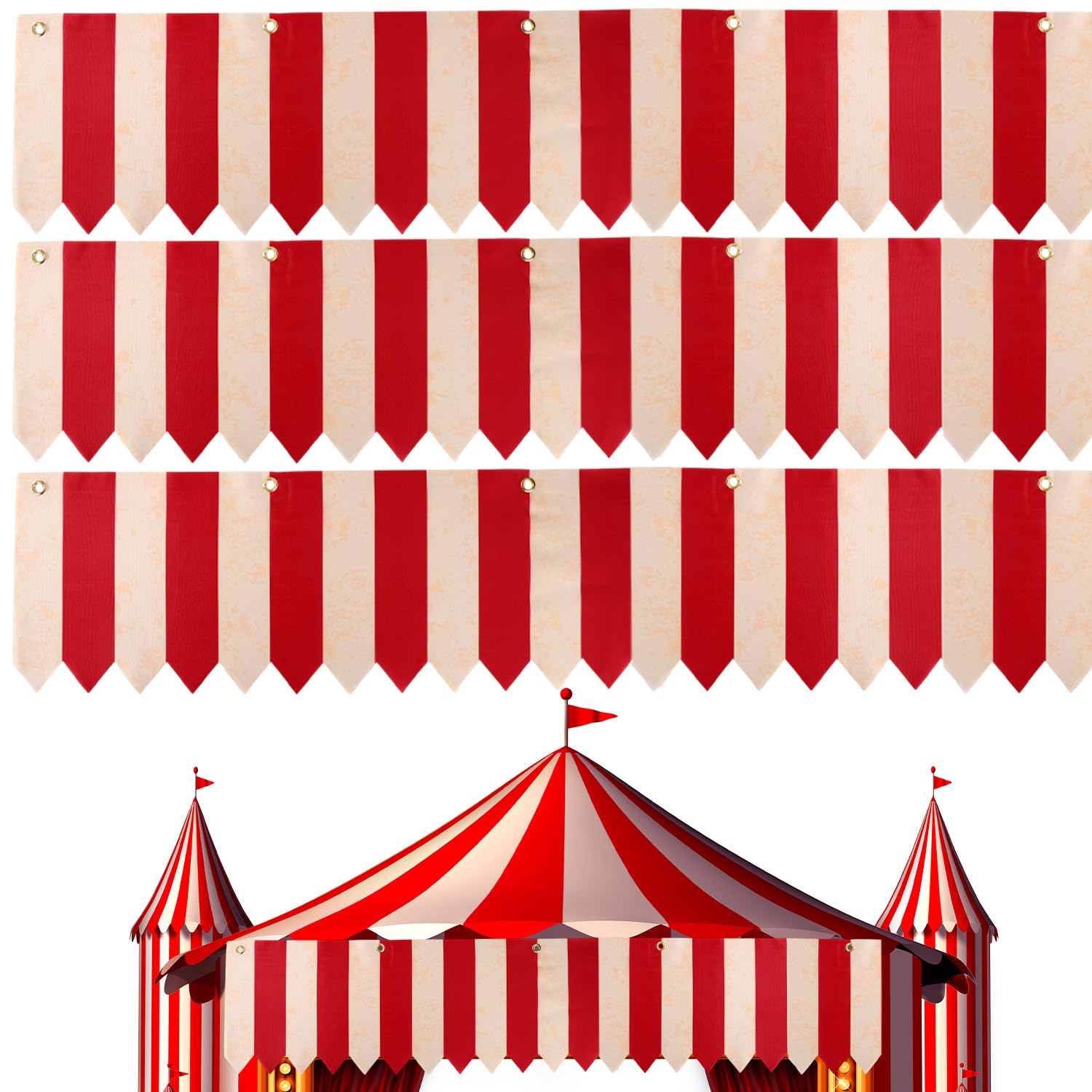 3pcs Circus Tent Hanging Decorations, Polyester Circus Tent Party Decorations Red White Striped Banner with Ropes for Halloween Party & Carnival Celebration