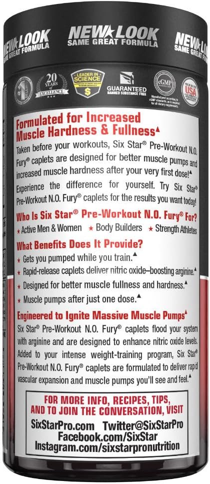 Nitric Oxide Supplement Pre Workout | Six Star Elite N.O. Fury | Pre-Workout Nitric Oxide Booster Muscle Builder | Nitric Oxide Pills for Men and Women | Workout Supplement for Men, 60 Capsules: Health & Personal Care