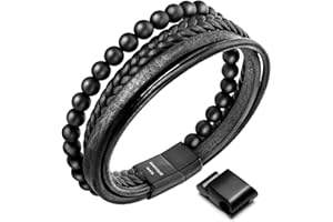 Speroto New Mens Bracelet Bead and Leather Braided, Lava and Onyx Bead Leather Bracelet for Men