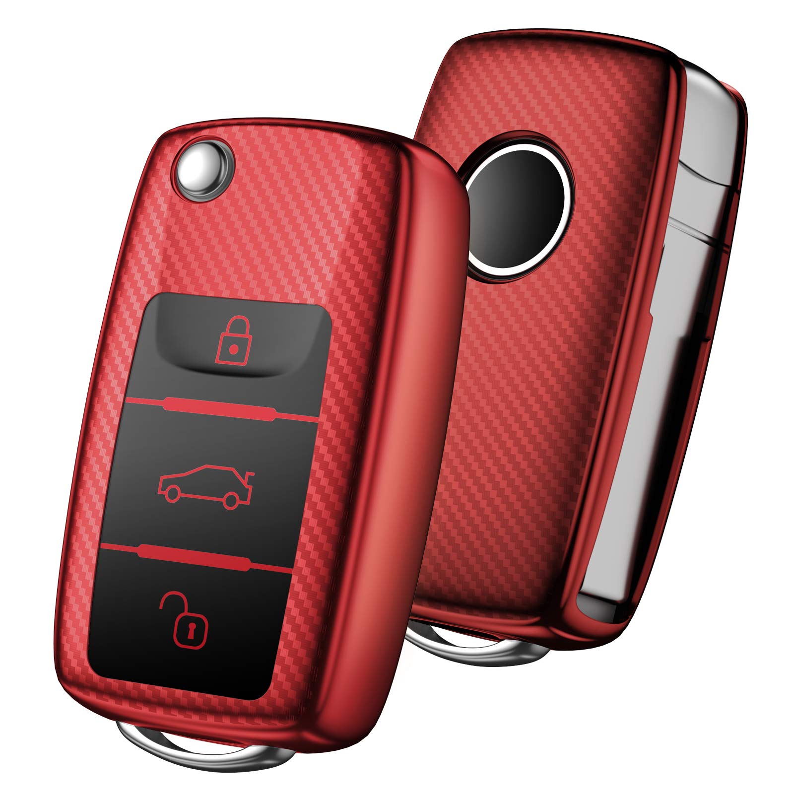 OATSBASF Car Key Cover Compatible with VW,Key Protective Case for VW Golf 4 5 6 Polo Skoda Seat TPU Silicone 3 Buttons Box (Red-Stripe)