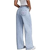 Floerns Women's Bowknot Embroidery Jeans Y2k Straight Leg Boyfriend Denim Pants