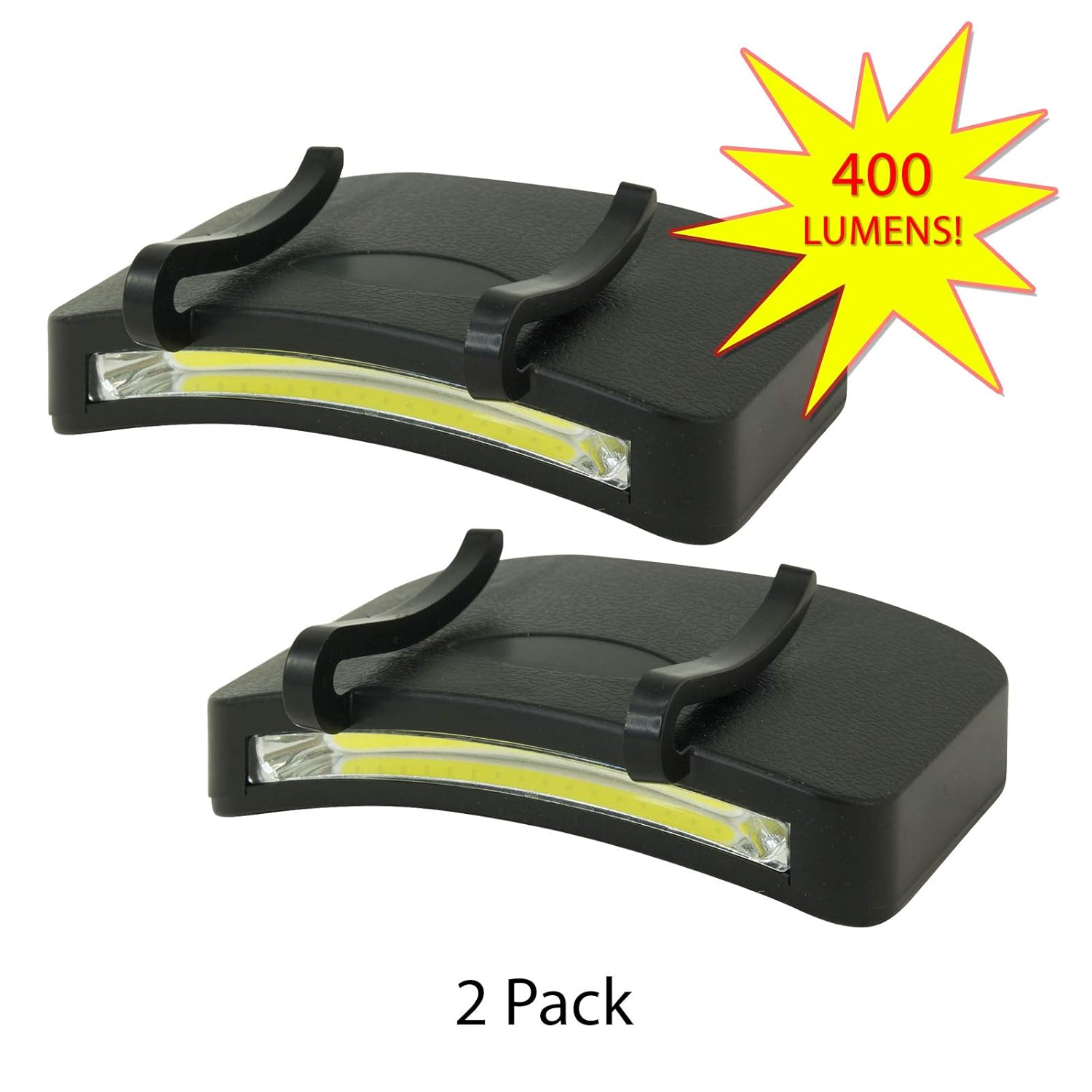 2 PACK - 400 Lumen Hi Mode / 180 Lumen Low Power Mode (2 X Cap Lights > 2 X Power & 2 X Bright) COB LED Clip On Cap Light DOUBLE BRIGHT NEW ITEM (100% MFG Guarantee) (Black)