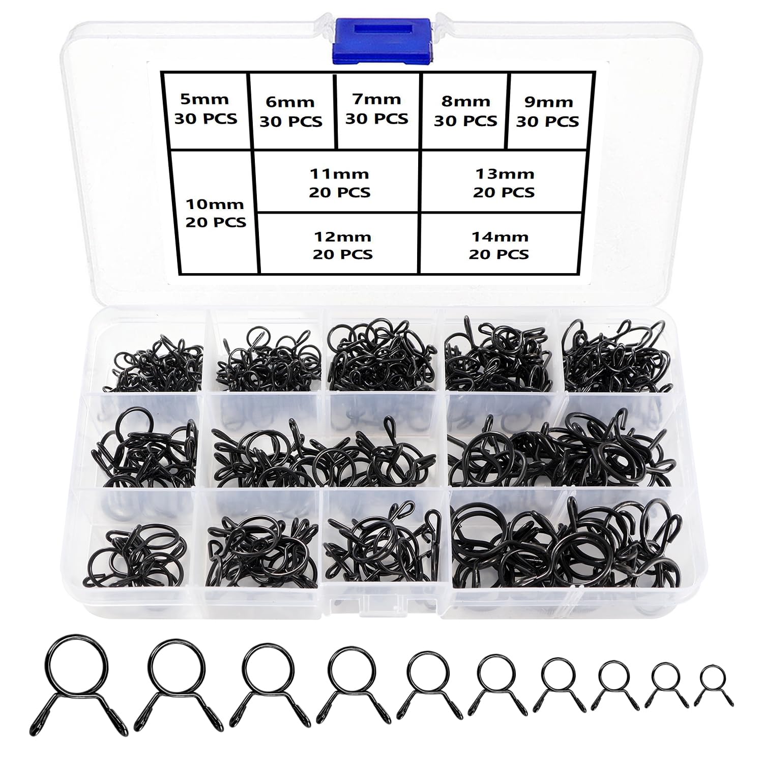 YIXISI 250 PCS 5-14 mm Fuel Hose Spring Clamps, Fuel Line Hose Clips, Tubing Spring Clamps, Single Wire Tubing Spring Clips Clamps, for Motorcycle Scooter ATV (10 Sizes, Black)