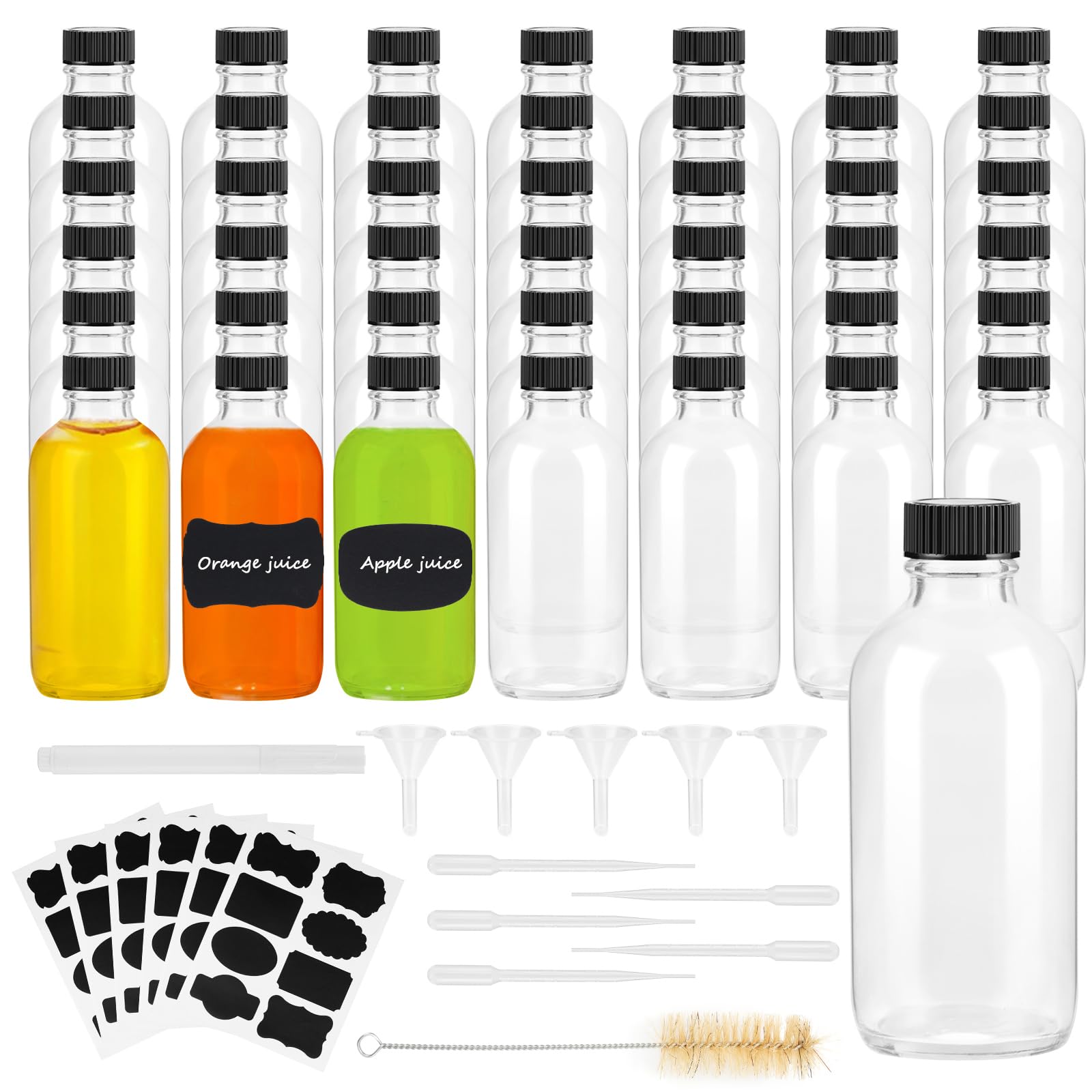 Photo 1 of 42, 4oz Small Clear Glass Bottles with Lids Boston Round Sample Bottles for Essential Oil Vanilla Hot Sauce Juice Whiskey Bourbon Liquid come with 5 Funnels,5 Droppers,48 Labels,1Brush&Chalk Marker