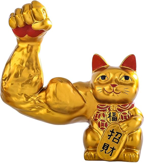 Golden Lucky Cat with Strong Arm Cool Appearance Chinese Feng Shui