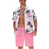 ABEWIP Men's 2 Pieces Summer Casual Outfit Hawaii Short Sleeve Tropical Print Shirt & Drawstring Shorts Beach Set