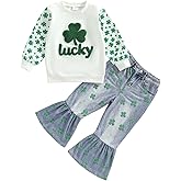 Amnnchya Toddler Girl St Patricks Outfit Lucky Clover Sweatshirt Bell Bottoms Jeans Little Girls Spring Fall Winter Clothes