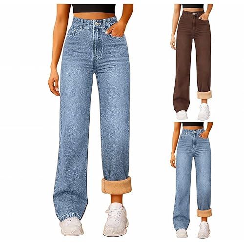 Fleece Lined Jeans for Women Uk,Baggy Jeans Women – High Waisted Straight Leg Denim Pants for Winter, Warm Stretch Thermal Pants with Soft Inner Lining, Casual Thick Trousers