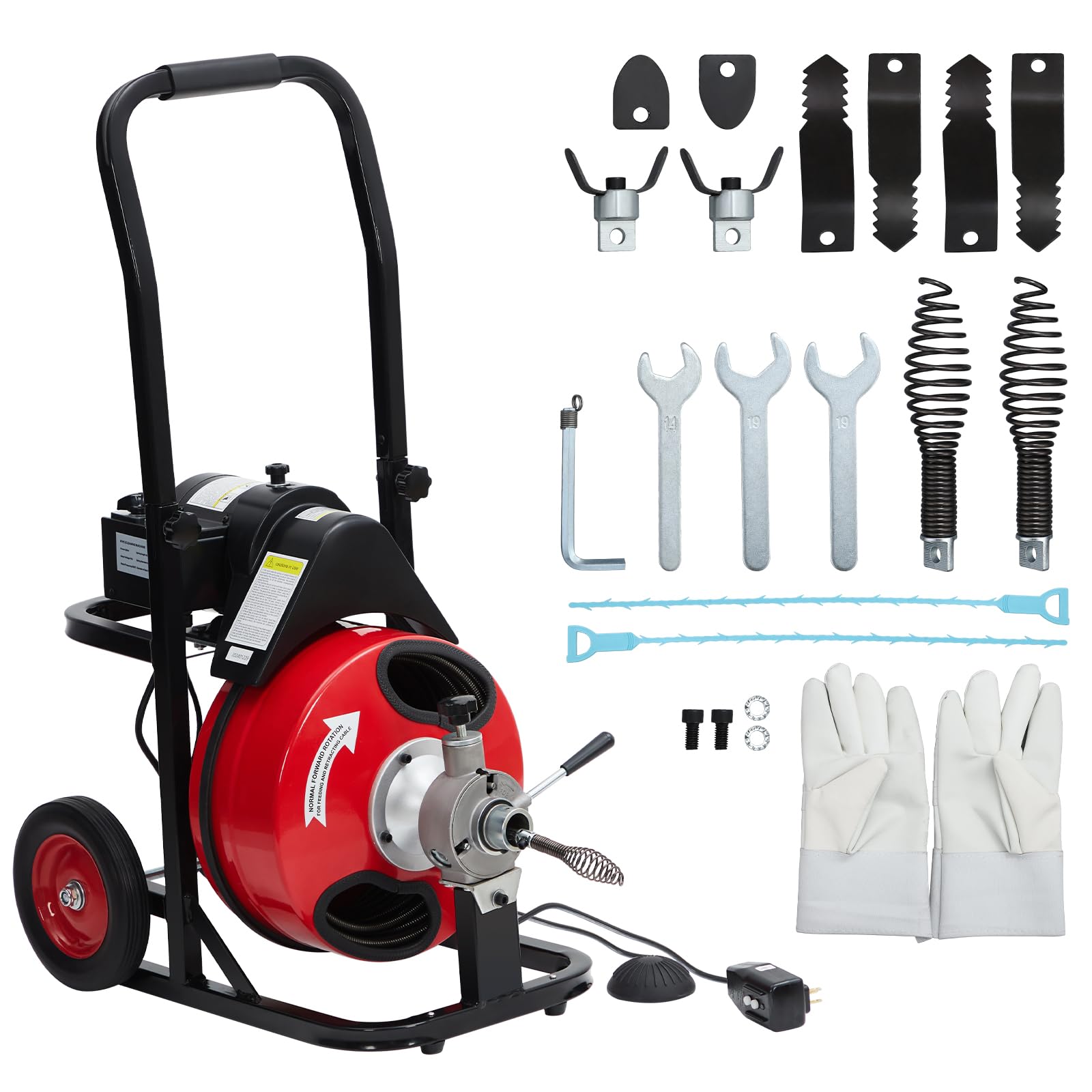 Photo 1 of **MAJOR DAMAGE** **PARTS ONLY**
GarveeTech Auto Feed 100 ft x 3/8 in Drain Cleaner Machine with 370W Motor, Portable Sewer Snake Auger with 8 Cutters & Air-Activated Foot Switch, Fits 1 in to 4 in Pipes, Black & Red