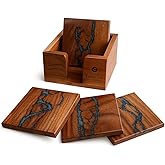 Cultured Creation | Beautiful Epoxy Resin and Wood Coaster Set | Ideal for Tabletop Protection | Enhance Your Coffee Table Decor | (Fractal Burning Blue)