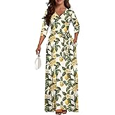 GWDDCMGYH Women's Dress 3/4 Sleeve V Neck Swing A-Line Dress Tie Waist Maxi Dresses with Pockets Party Vacation Clothes