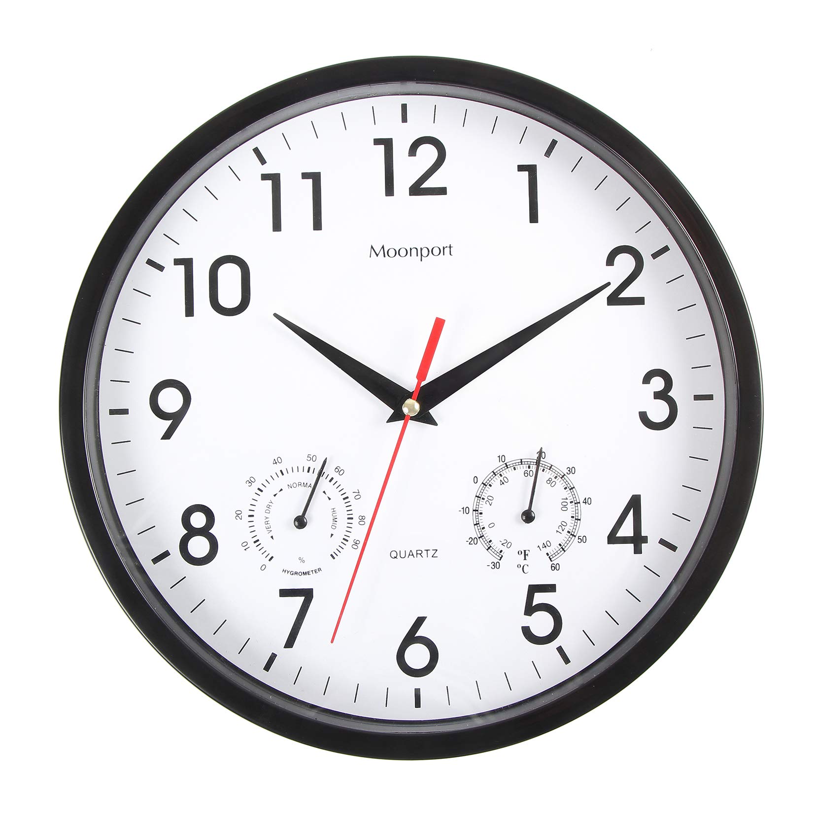 Moonport Wall Clock With Temperature, Silent Small Black Clock with Hygrometer, Room Thermometer Clocks for Living Room/Kitchen/Bathroom/Nursery/Bedrooms