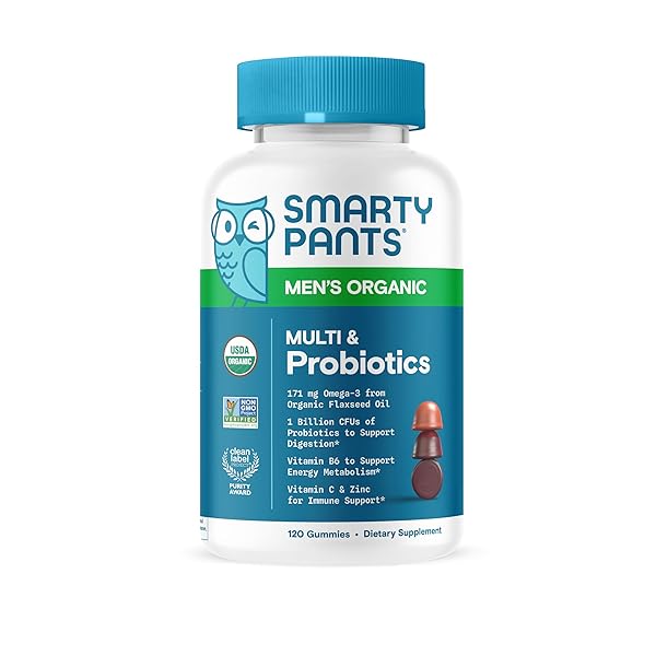SMARTYPANTS MULTIVITAMIN FOR MEN, ORGANIC GUMMIES: PROBIOTICS, COQ10, METHYLFOLATE, OMEGA 3 (ALA), VITAMIN D3, C, VITAMIN B12, B6, A, K & ZINC FOR IMMUNE SUPPORT, BIOTIN, 120 GUMMIES (30 DAY SUPPLY)