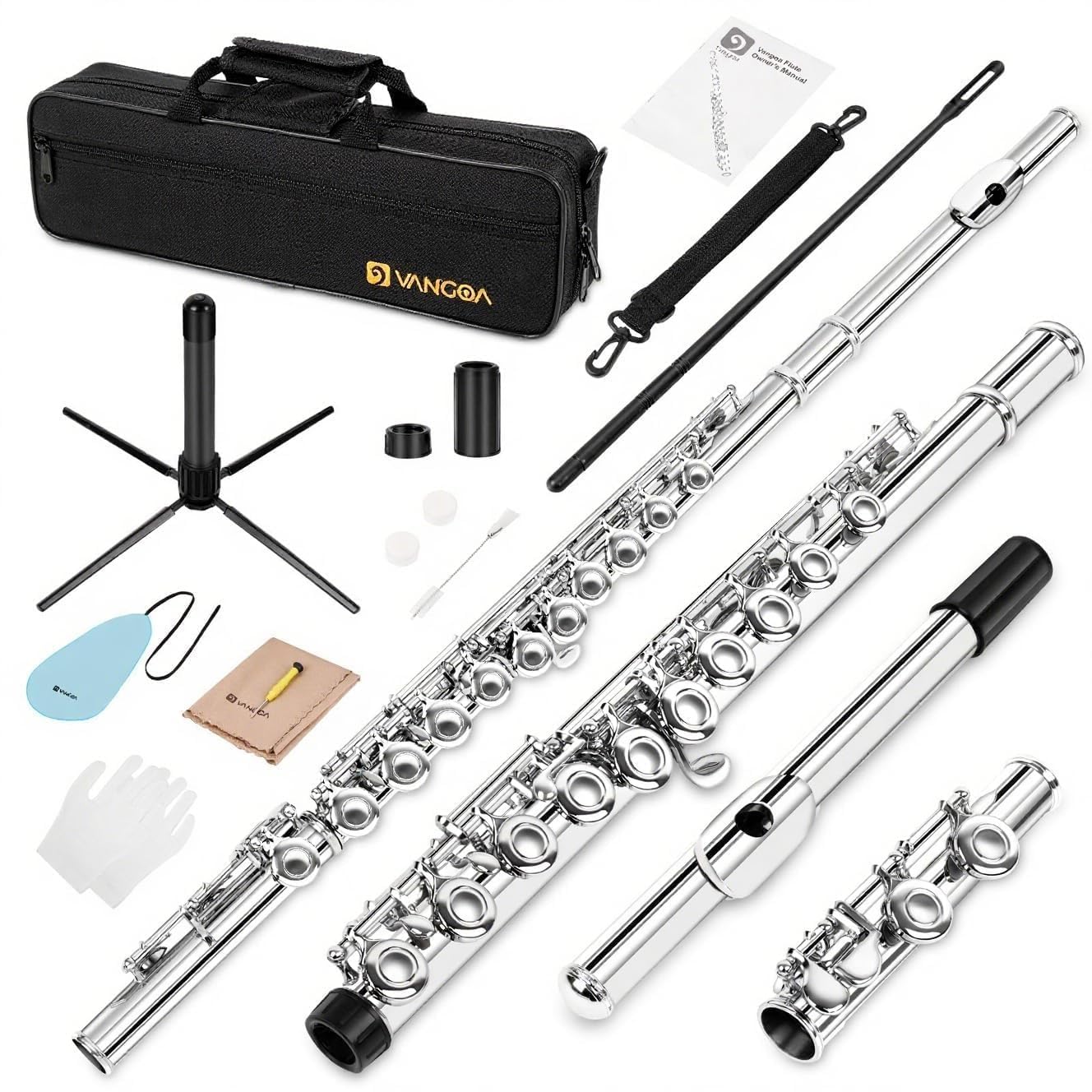 Vangoa Flute Closed Hole C Flute 16 Keys Silver Nickel Plated Flute Musical Instrument Flute Set for Beginners Adults Teens with Carrying Case