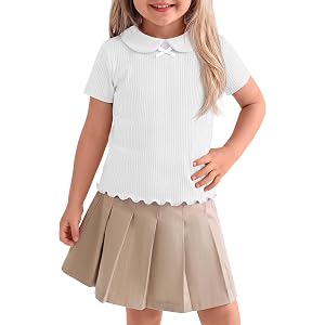 JoyMotion Toddler Girls School Uniform Shirts | Short Sleeve Shirts, Ribbed, Doll Collar, Lettuce Trim, Cute, Basic, Summer,