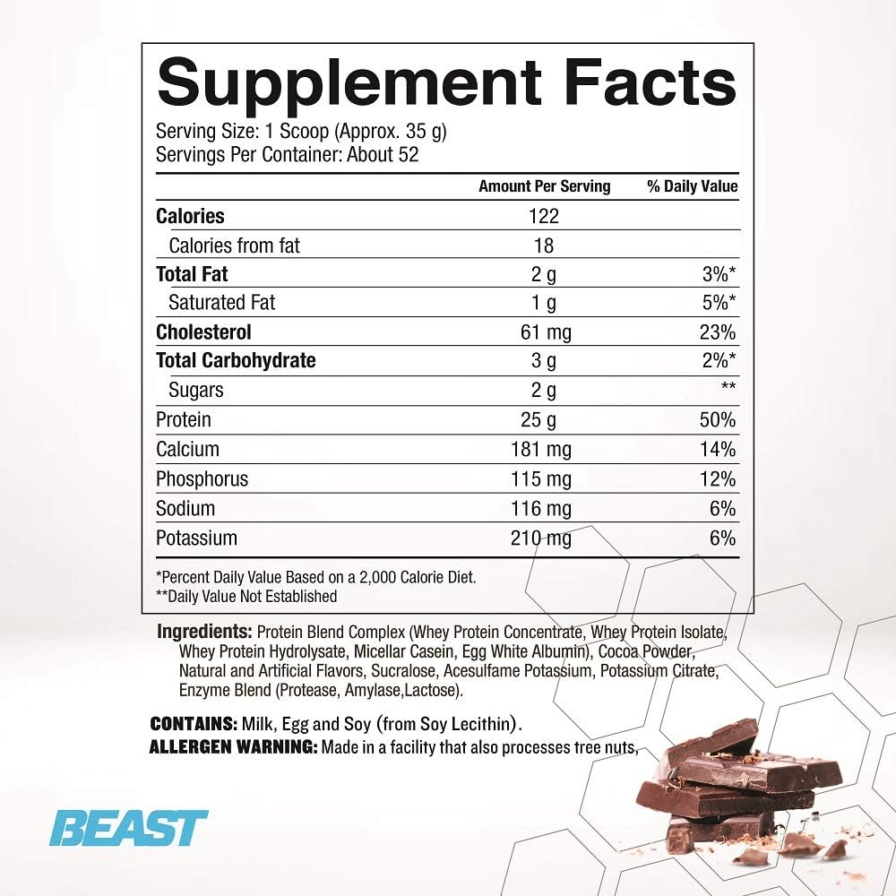 Beast Sports Nutrition Beast Protein 25 Grams of High-Quality Protein with 5 Protein Sources for Lean Muscle including Whey Concentrate and Isolate. Low Fat Low Carbs. 4lbs, 52 Servings, Chocolate: Health & Personal Care