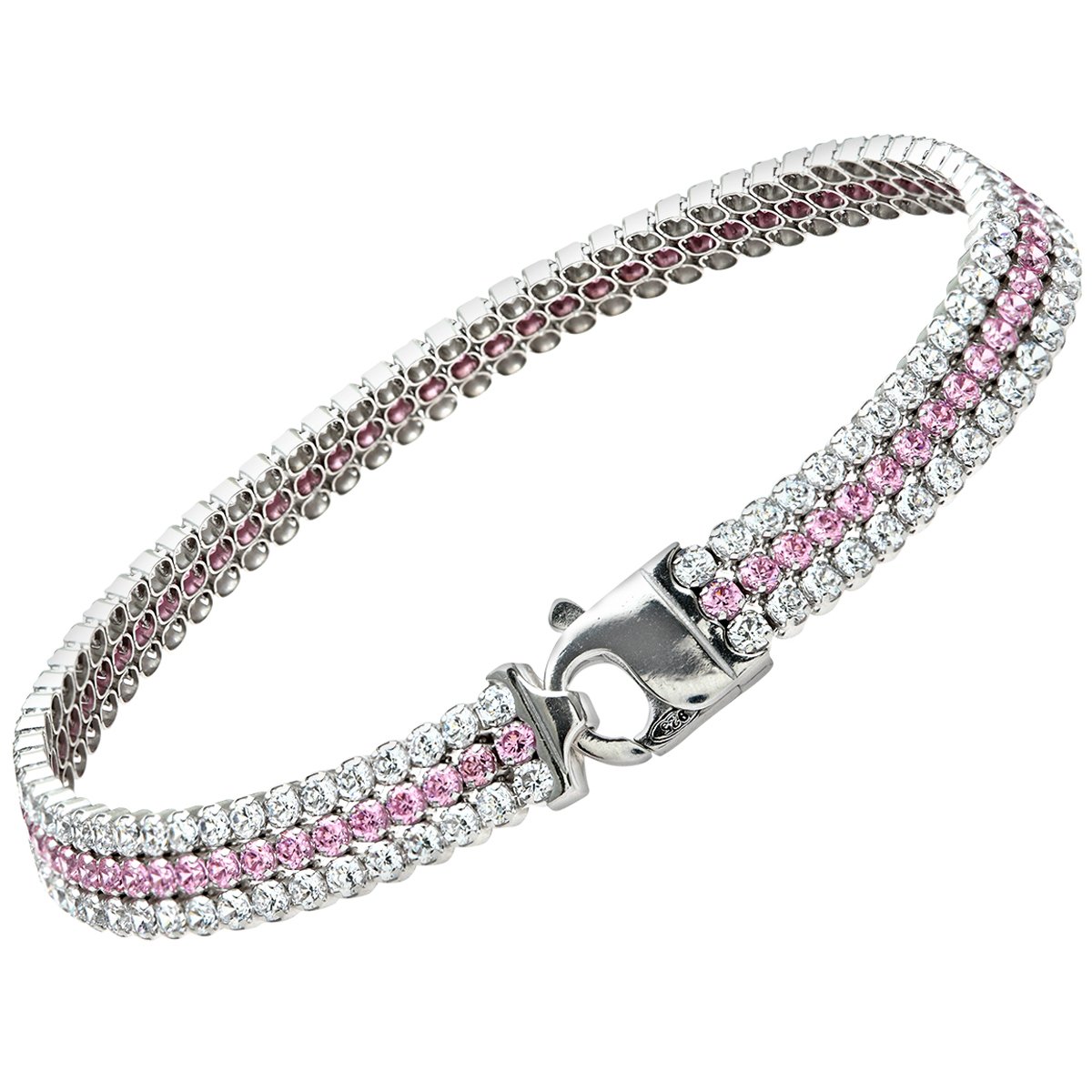 Citerna Sterling Silver and Rhodium Plated 3 Row Tennis Bracelet, Filled with Pink and Clear Swarovski Crystals of 19 cm