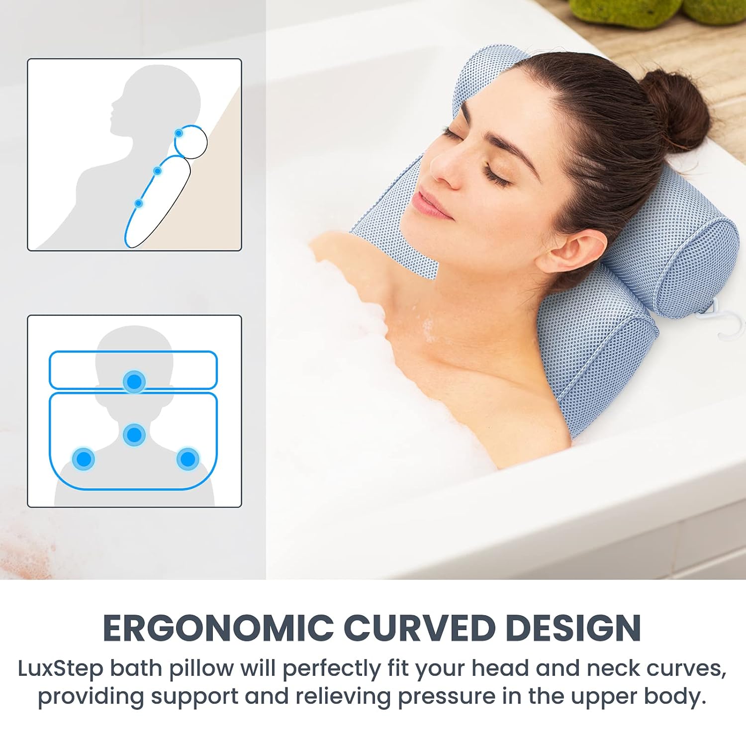 LuxStep Bath Pillow Bathtub Pillow With 6 Non-Slip Suction Cups for Head, Neck and Back Support, 15x14 Inch, Extra Thick and Soft Air Mesh Spa Pillow for Bath - Fits All Bathtub, Blue : Beauty