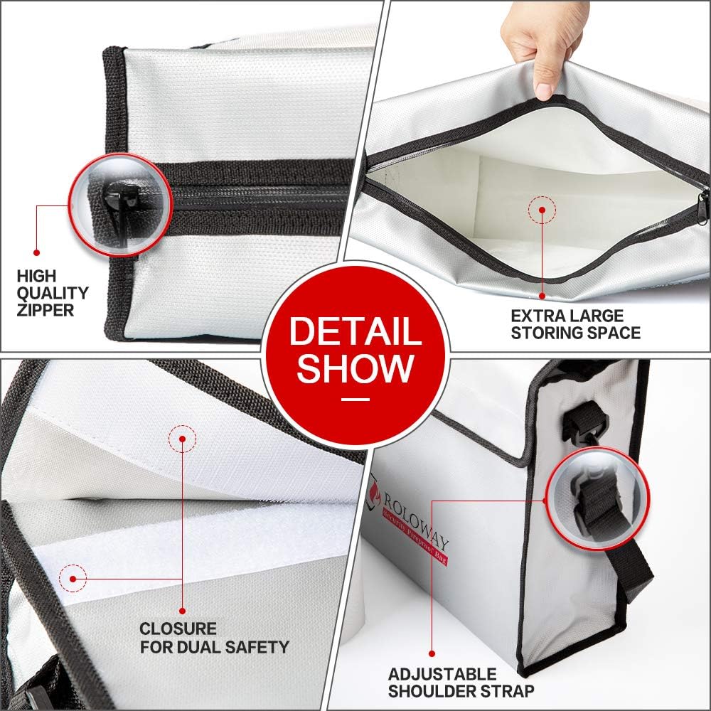 ROLOWAY Fireproof Document & Money Bags, Large Fireproof & Water Resistant Bag (16 x 12 x 5 inches), Fireproof Folder Safe Bag for Cash, Valuables & Passport, with Silicone Coating & Zipper Closure - - 