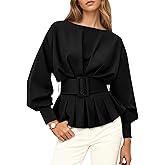 MISSACTIVER Long Sleeve Peplum Tops for Women Boat Neck Ruffle Cropped Sweatshirt with Belt Fall Dressy Pullover Shirts