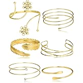 Ofeiyaa 6 Pcs Arm Cuff Bracelets Open Upper Arm Bands Layered Coil CZ Flower Feather Leaf Swirl Wire Cuff Bangle Armlet Set for Women Gold Tone Adjustable