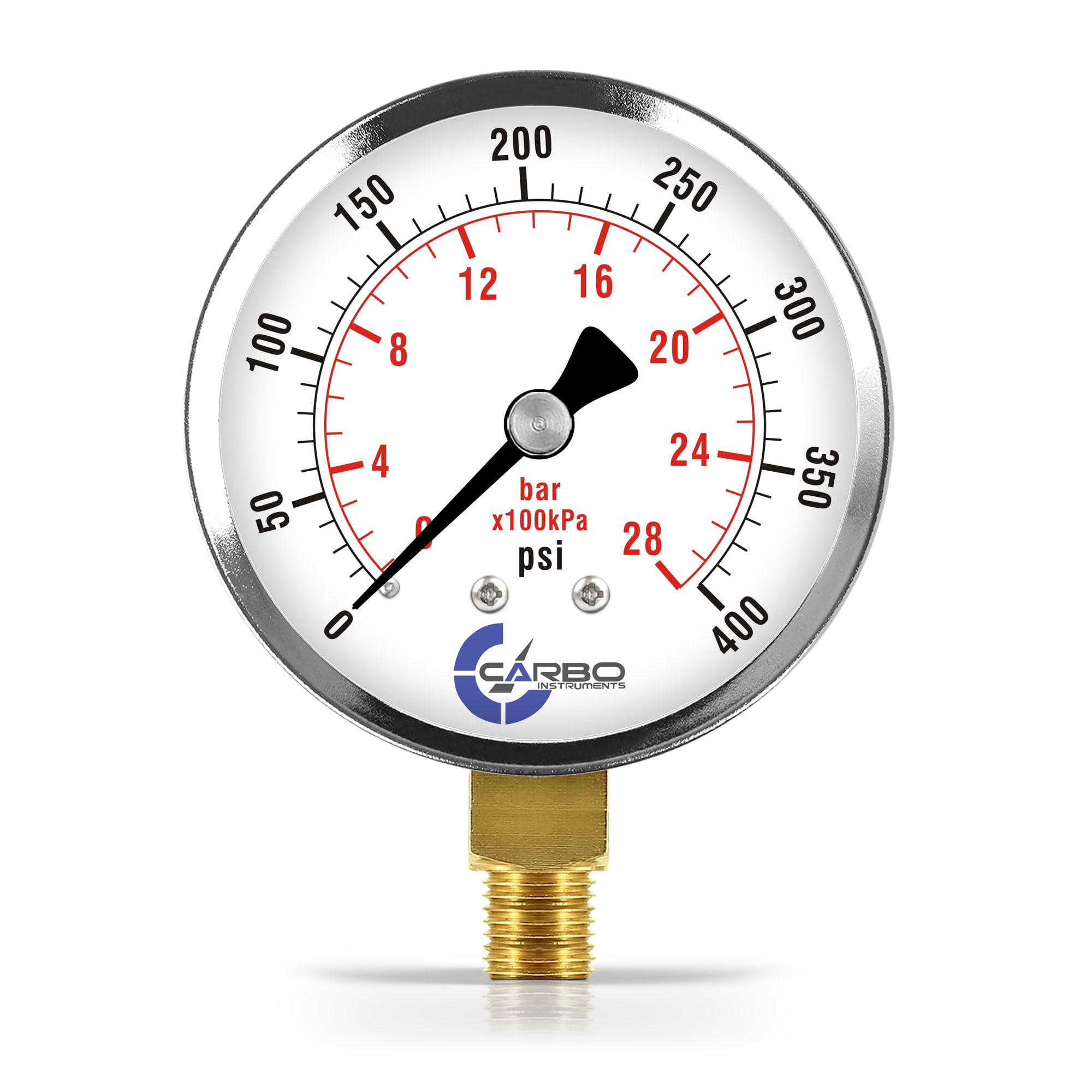 CARBO Instruments 2-1/2" Pressure Gauge, Chrome Plated Steel Case, Dry, 0-400 psi/kPa, Lower Mount 1/4" NPT