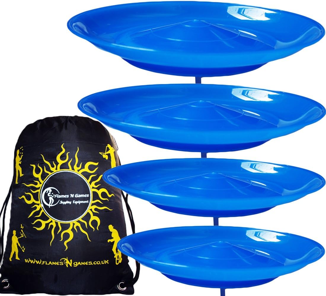4x Spinning Plate Set (Blue) CLASSIC Circus Spinning Plates + 2-Piece Plastic Sticks + Flames N Games Travel Bag! Great fun for Kids & Adults.