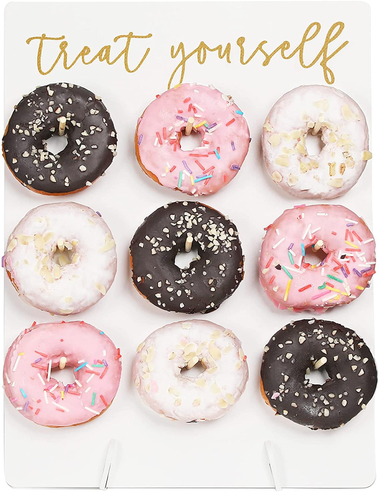 Photo 1 of Rmeosye Donut Wall Display Stand Reusable Donut Holder Board Rustic Wood Doughnut Food Buffet Display for Wedding, Baby Shower, Bridal Shower, Birthday Party Treat Yourself Fits 9 Donuts (White)