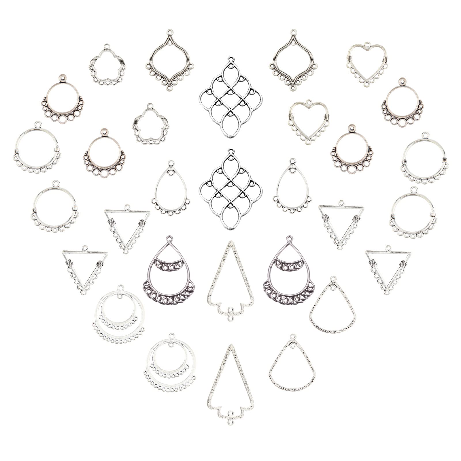 SUNNYCLUE 72pcs 12 Styles Chandelier Connector Charms Component Links Alloy Hollow Filigree Pendants Flat Round Teardrop Triangle Shape for Jewelry Making Earring Supplies, Antique Silver